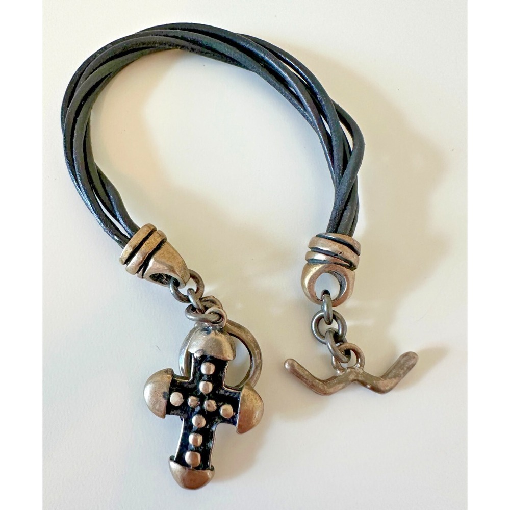 JRI MEXICO Sterling Silver Cross Black‎ Leather Rope Bracelet 925 Vtg Religious